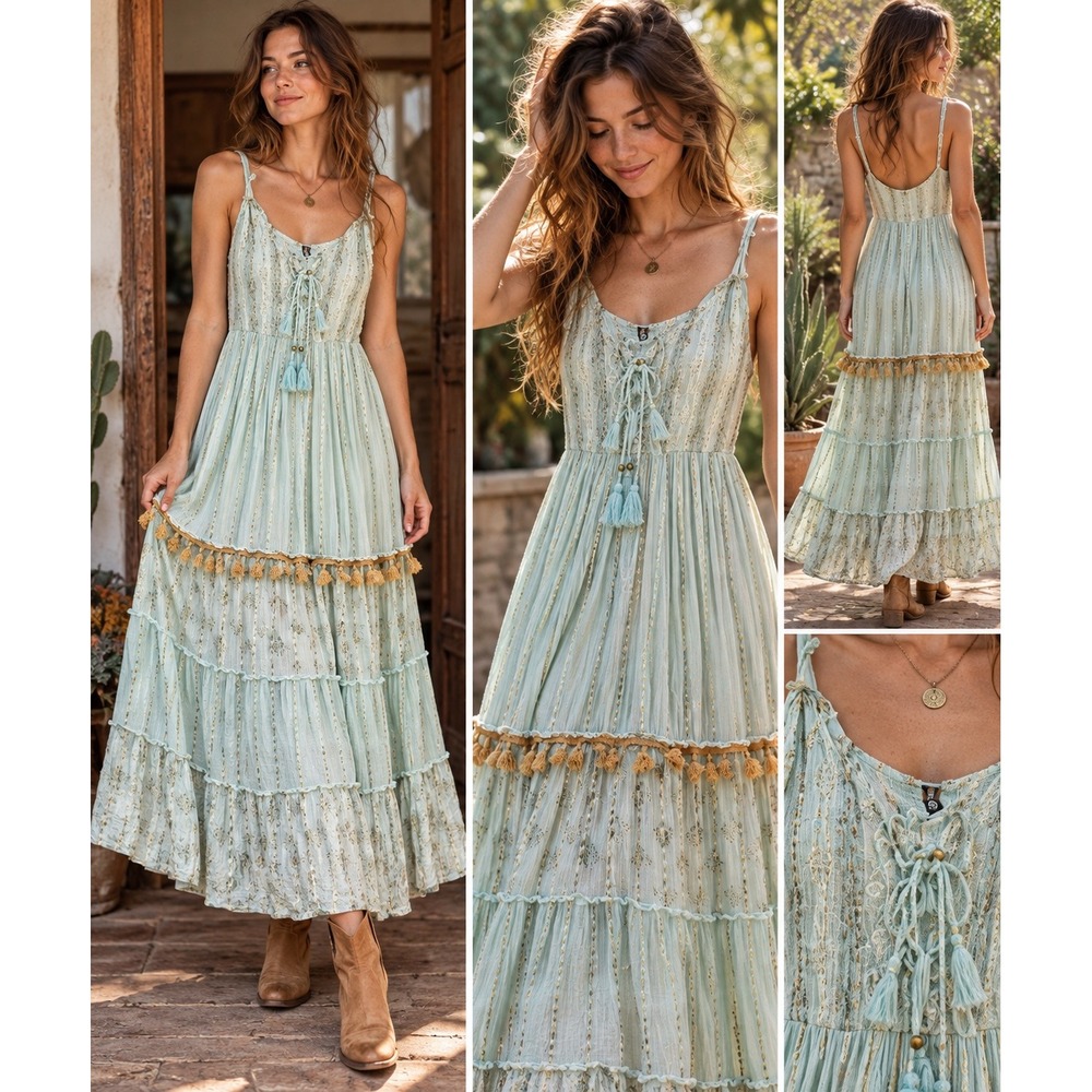 Me 2 Magic Blue Gold Lurex Tiered Tassel Boho Maxi Dress L